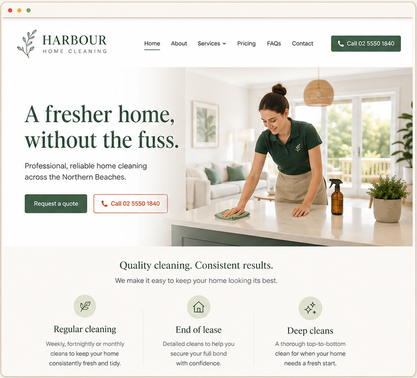 Fictional Harbour Home Cleaning website concept showing a service headline, quote button, phone number and cleaning services