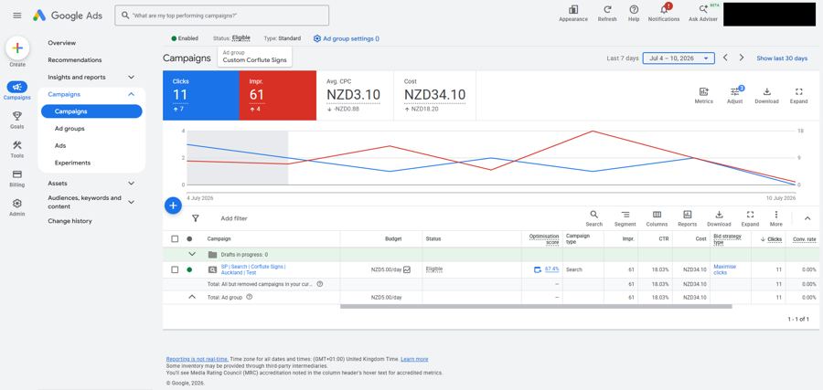 Google Ads campaign with account details hidden