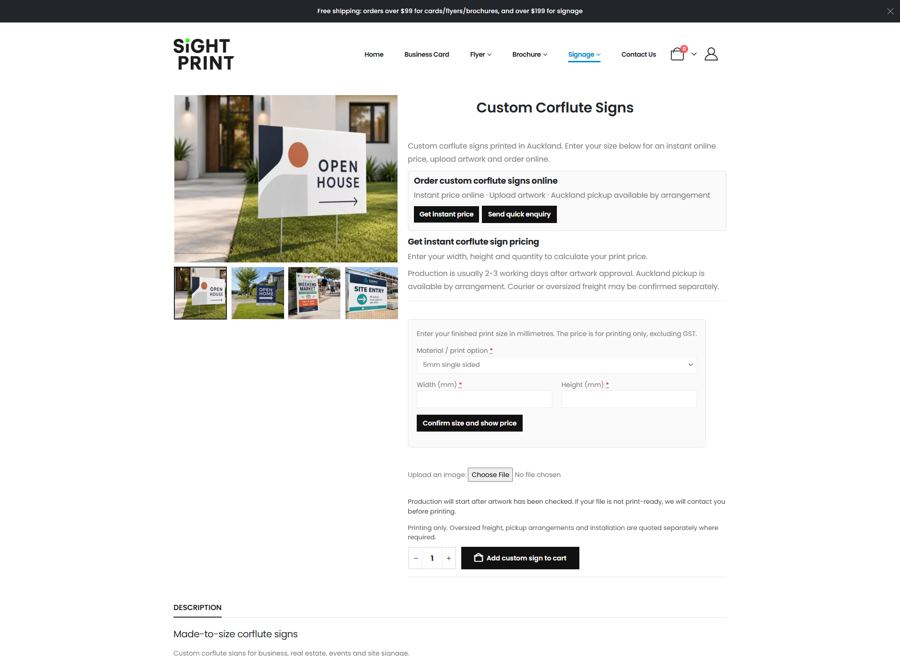 Sight Print online quote and size-selection interface