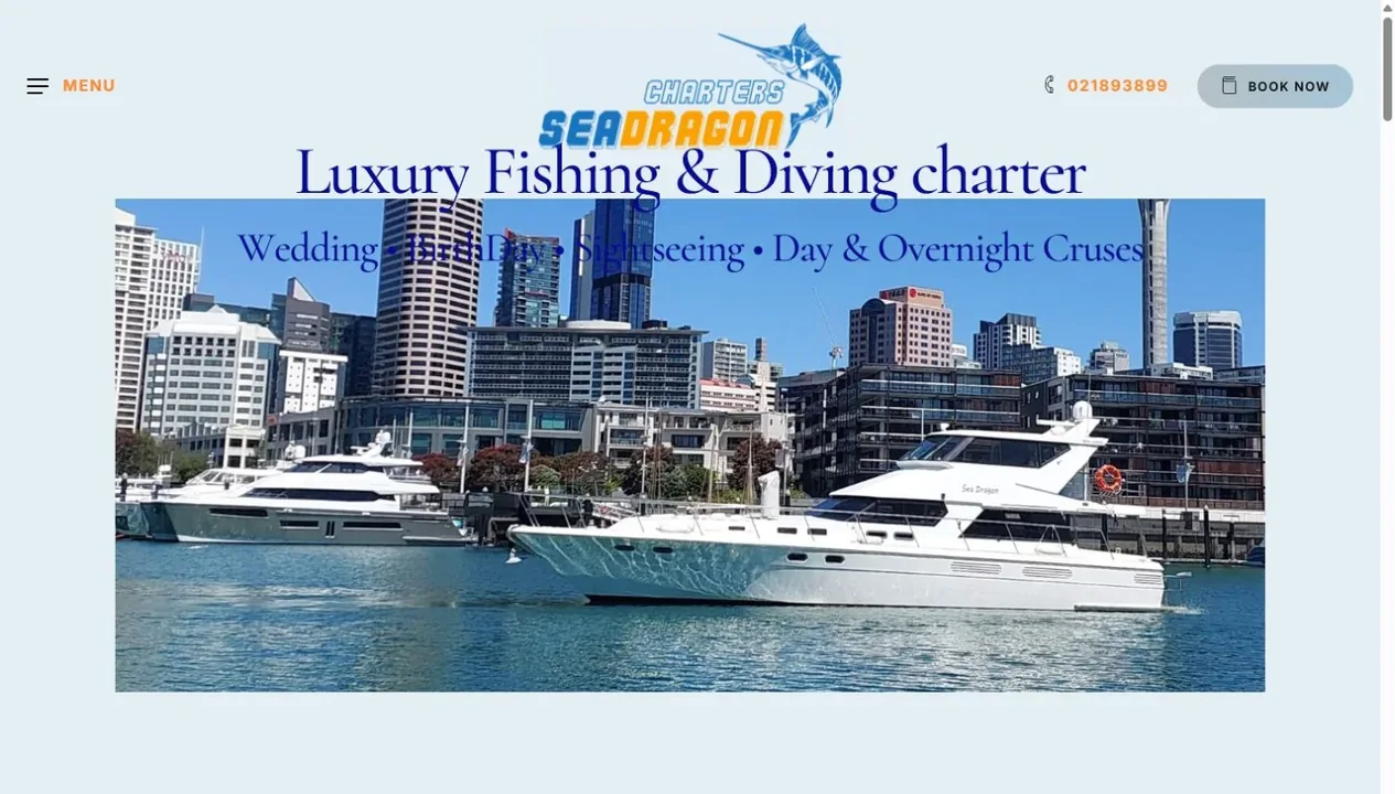 Sea Dragon Charter live client website showing its navigation, charter boat photography and booking call to action
