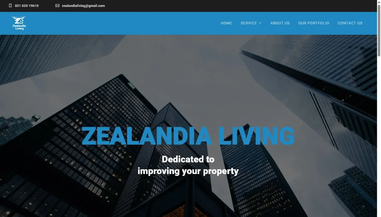 Zealandia Living website homepage with property services navigation and architectural hero imagery